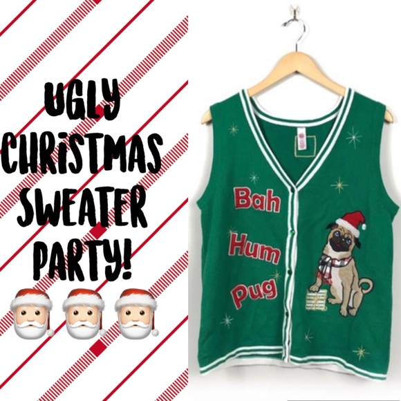 Sweaters - Cute Ugly Christmas Sweater Vest “Bah Hum Pug” (M)